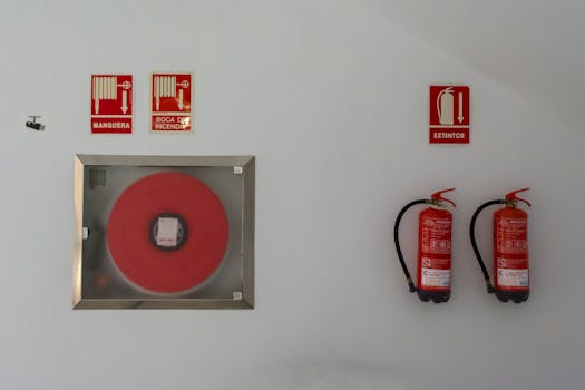 Fire safety setup with extinguishers and hose reel on a white wall for emergency preparedness.
